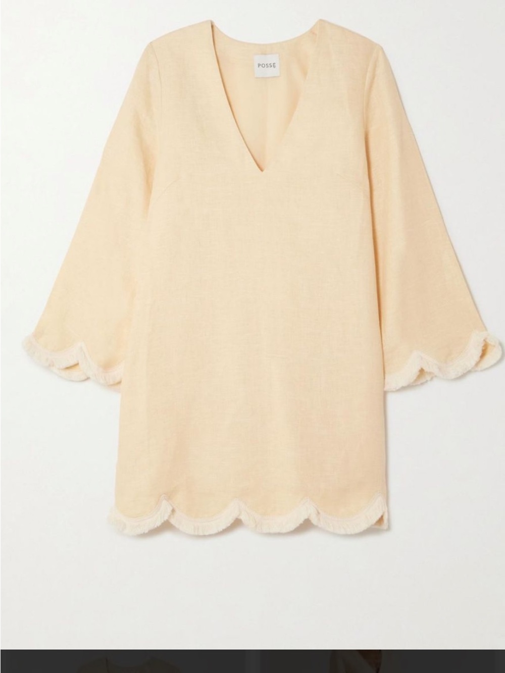 Posse Essie Linen V-Neck Mini Dress/Caftan with Scalloped Fringe, Size XS
